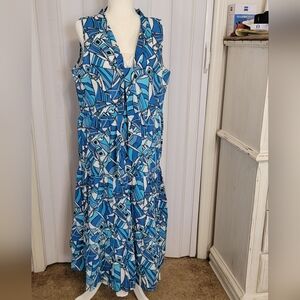 STS Sail to Sable Nautical Maxi Dress Blue White cotton lined Tiered ruffle Sz L